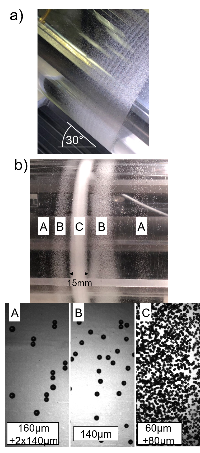 Figure 2: Particle belts in the TC cell. a) Particle separation eﬀect, b) striped tapes with an angle of inclination of 30 degrees